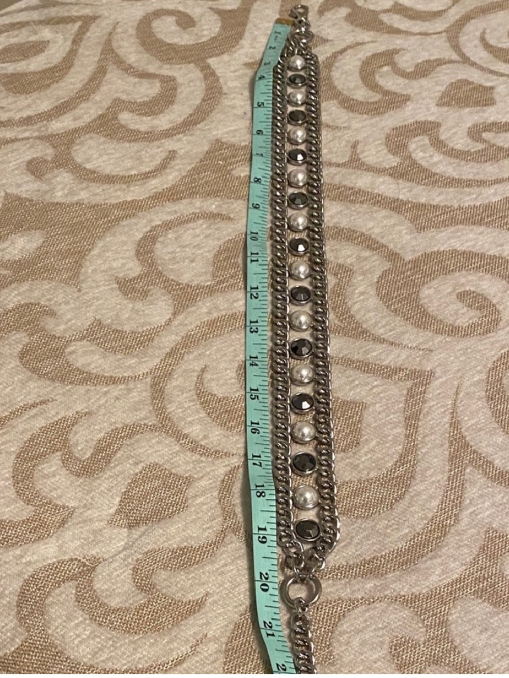 Silver Chain Belt Faux Pearl Black Stone Accent Adjustable Waist Belt - Picture 5 of 7